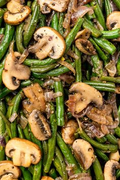 green beans and mushrooms are mixed together to make a healthy side dish for the dinner table