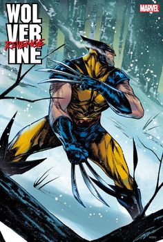 wolverine the man with claws on his face and hands, in front of snow covered trees