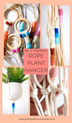 different types of rope plant hangers with text that reads do it yourself rope plant hanger