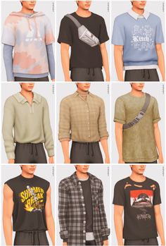 men's shirts and shorts are shown in different colors, sizes and styles for the male