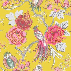 a yellow floral wallpaper with birds and flowers