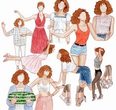 a drawing of women in different outfits and shoes, all with their arms around each other