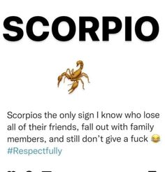 scorpions are the only sign i know who lose all of their friends, fall out with family members, and still don't give a f