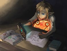 a person sitting on a bed with an open book in front of them, holding a glowing object