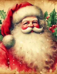 a painting of santa claus with holly leaves and berries on it's chest, in front of an old paper background