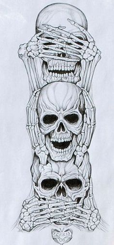 a drawing of three skulls stacked on top of each other with their heads in the middle