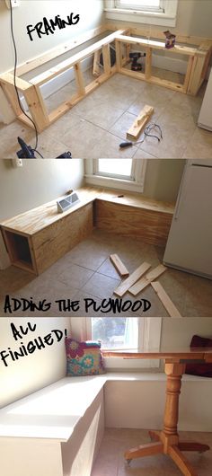 an image of the inside of a kitchen being built with plywood and wood planks