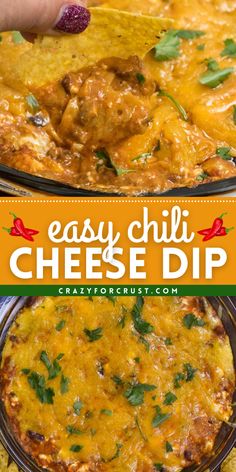 Looking for fun party snacks? Serve up this homemade chili cheese dip! 3 ingredients are all you need in this easy appetizer recipe for a crowd. So gooey and sinfully good, this cheesy chili dip is one of the best game day recipes!