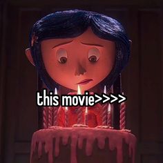 an animated doll with candles on top of a cake that says this movie is over