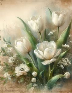 a painting of white tulips and other flowers