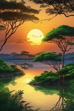 a painting of a sunset with trees and water