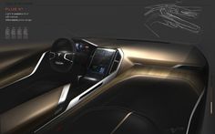 the interior of a futuristic car is shown in black and gold colors with metallic accents