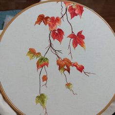 a white plate with red and green leaves on it