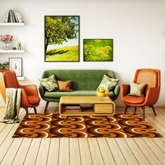 a living room filled with furniture and paintings on the wall above it's coffee table