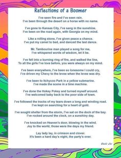 a poem written in rainbow colors with the words reflections of a boomer on it