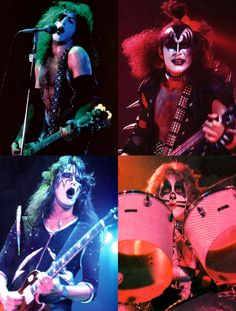 four different pictures of the band kiss performing on stage and in concert with their instruments