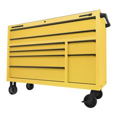 a yellow tool cabinet with four drawers and two wheels on the bottom, is shown against a white background