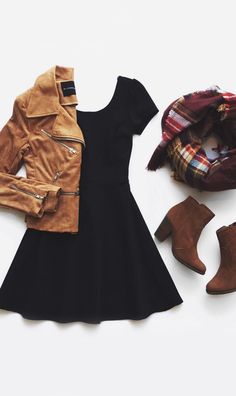 Black Skater Dress, Hot Lingerie, Stil Inspiration, A Jacket, Brown Jacket, 여자 패션, On The Floor