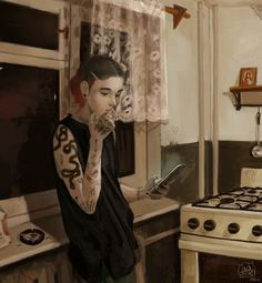 a painting of a woman in the kitchen looking at something on her cell phone,