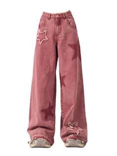 Girly Core, Y2k Profile, Wide Leg Casual Pants, Diy Vetement, Casual Wide Leg Pants, Pink Star, Cute Pants, Denim Patterns, Aesthetic Things