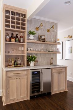 White Oak Cabinets, Marble Countertop, Floating Shelves, Gallery Rail, Zellige Tile