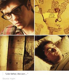 three different pictures of harry potter and the deathly hall movie characters, one with glasses on