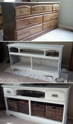 the before and after shots of an old dresser with wicker baskets on it's bottom