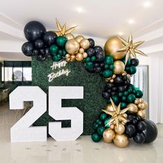the number twenty five is surrounded by balloons and starbursts in green, gold and black