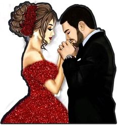 a man and woman dressed in formal wear are dancing with red sequins on their dress