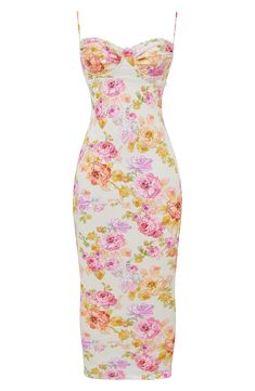Ravishing and romatic, this flowery dress is lilted with lace and designed with a bustier bodice featuring undewire support. Exclusive retailer Sweetheart neck Lined 97% polyester, 3% elastane with 100% polyester contrast Dry clean Imported Fitted Sun Dress, Couture, Floral Corset Midi Dress, Floral Feminine Dresses, Floral Cute Dress, House Of Cb Pink Floral Dress, Clothes Trending Now, Strawberry Dress Women, Dolce And Gabbana Dress Vintage