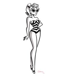 a black and white drawing of a woman in a bathing suit with sunglasses on her head