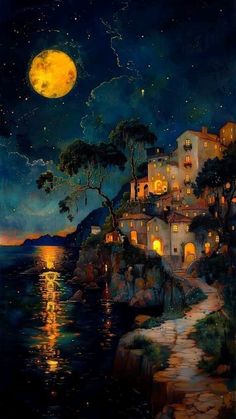 a painting of a house on a cliff by the ocean at night