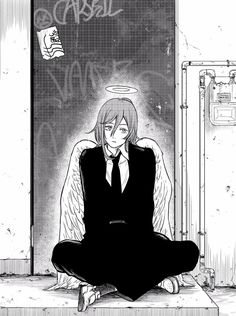 an anime character sitting on the ground in front of a black and white wall with graffiti