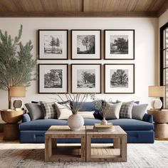 a living room filled with lots of furniture and pictures on the wall above it's coffee table