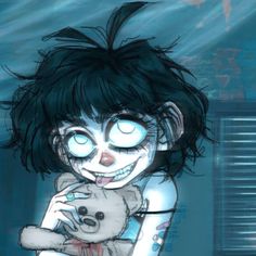 a cartoon character holding a teddy bear in her arms and looking at the camera with an evil look on her face