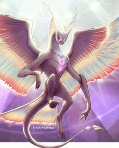 an illustration of a white winged creature with pink eyes and tail, standing on its hind legs
