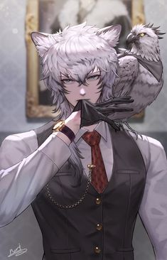 an anime character wearing a vest and tie with two birds on his shoulder, in front of a mirror