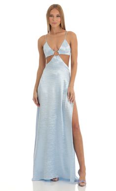 Satin Cutout Maxi Dress in Sky Blue | LUCY IN THE SKY Los Angeles, Angeles, Blue Satin Dress, Banquet Dresses, Senior Prom Dresses, Lucy In The Sky, Blue Dress Formal, Cutout Maxi Dress, Prom Dress Inspiration