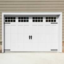 two men are standing in front of a white garage door with windows on each side