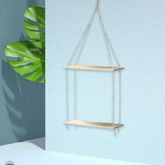 a wall hanging shelf with two shelves on it and a plant in the corner next to it