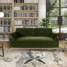 a living room filled with furniture and bookshelves next to a glass coffee table
