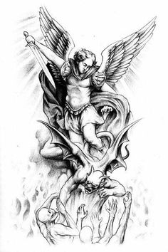 an angel on top of a demon with two hands in the air and one arm outstretched