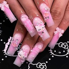 Cute Long Pink Press on Nails with Rhinestones Design Hello Kitty Nail, Kitty Nail, Acrylic Nail Supplies, Pink Coffin, Nail Gems, Star Nail, Nails Press, Hello Kitty Nails, Hello Kitty Party