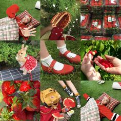 a collage of photos with strawberries and people in red shoes holding strawberrys