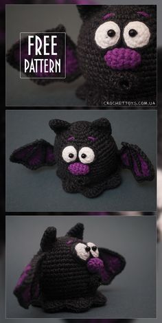 crocheted bat with eyes and nose is shown in three different views, including the bottom