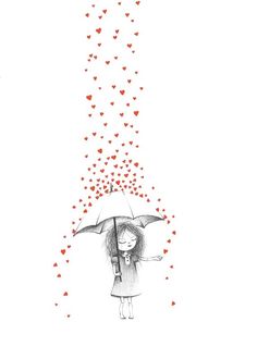 a drawing of a girl holding an umbrella with hearts falling from the sky above her