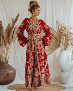 Step into the extraordinary with the River of Roses Maxi Kaftan. Crafted from soft and luxurious viscose fabric, this reversible caftan offers both style and versatility. Handmade with love and a conscious, slow fashion approach, it's perfect going to a yoga sessions, lazy mornings, or a night out. Say goodbye to boring looks and embrace the beauty of this maxi kaftan. ❤️ Size: Our model is wearing size M with 145 cm | 57 inch length and has the following measurements: Height: 174 cm | 5 ft 9 in Jaipur, Clothing And Textile, Viscose Fabric, Wide Sleeves, Luxury Fabrics, How To Feel Beautiful, Slow Fashion, The River