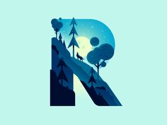 the letter n is made up of mountains and trees, with a wolf on it