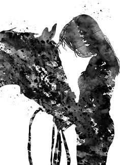 a black and white drawing of a woman kissing a horse's head with watercolor splashes