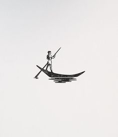 a drawing of a man in a boat on the water with a pole and oar